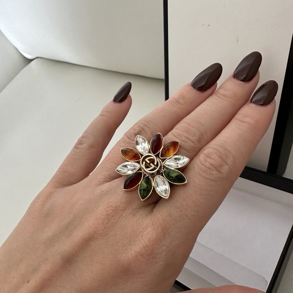 New GUCCI RING FLOWER CRYSTAL GG SIZE XS GOLDEN MULTICOLOR - Picture 6 of 8